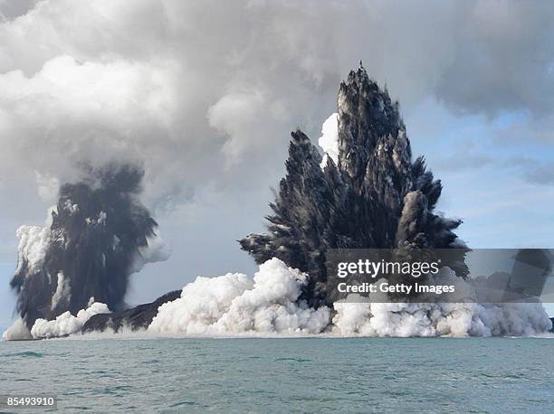 An undersea volcano is seen erupting off the coast of Tonga, sending plumes of steam, ash and smoke up to 100 metres into the air, on March 18, 2009...