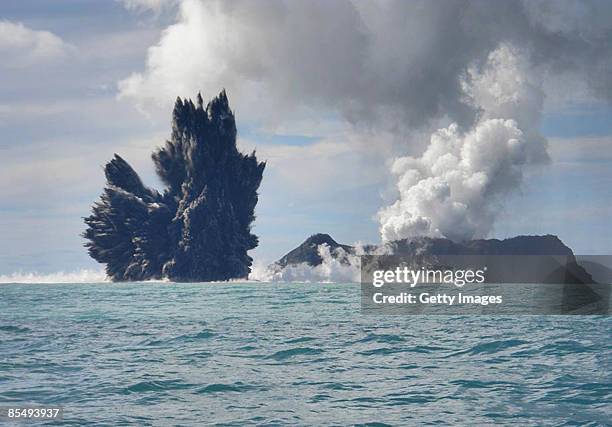 An undersea volcano is seen erupting off the coast of Tonga, sending plumes of steam, ash and smoke up to 100 metres into the air, on March 18, 2009...