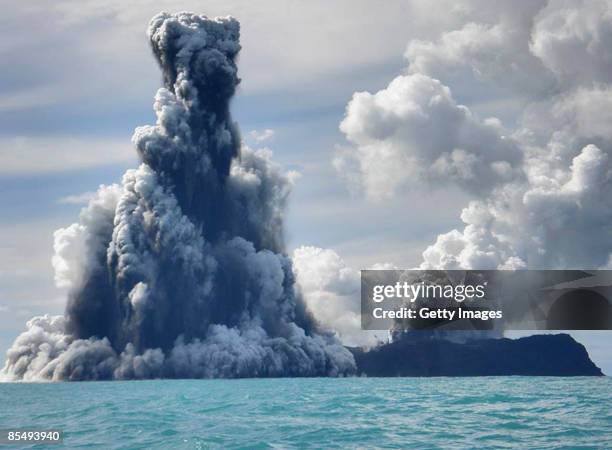 An undersea volcano is seen erupting off the coast of Tonga, sending plumes of steam, ash and smoke up to 100 metres into the air, on March 18, 2009...