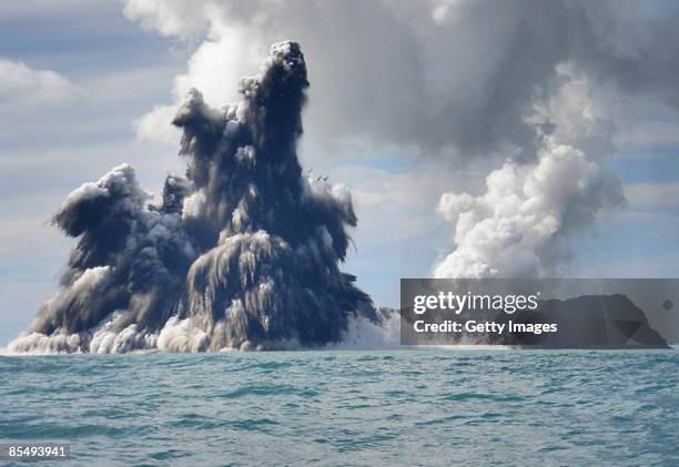 An undersea volcano is seen erupting off the coast of Tonga, sending plumes of steam, ash and smoke up to 100 metres into the air, on March 18, 2009...
