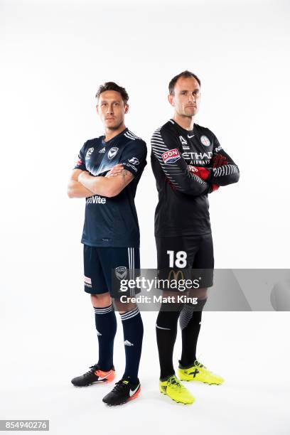 Mark Milligan of the Melbourne Victory and Eugene Galekovic of Melbourne City FC pose during the A-League Media Day on September 26, 2017 in Sydney,...