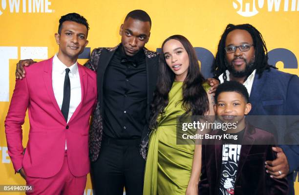 Actors Utkarsh Ambudkar, Jay Pharoah, Cleopatra Coleman, Lonnie Chavis and Jacob Ming-Trent attend the premiere of Showtimes 'White Famous' at The...