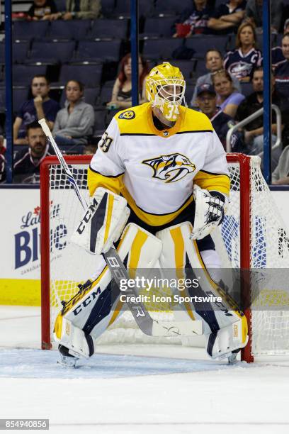 Nashville Predators goalie Anders Lindback looks on in the first period of a Preseason game between the Columbus Blue Jackets and the Nashville...