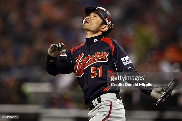 Ichiro Suzuki of Japan swings his bat against Cuba during the 2009 World Baseball Classic Round 2 Pool 1 Game 5 on March 18, 2009 at Petco Park in...