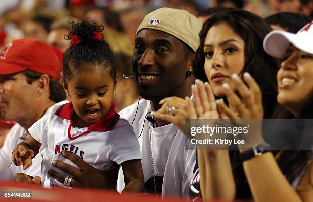 Kobe Bryant with wife Vanessa Bryant and daughter Natalia Diamante Bryant at Los Angeles Angels of Anaheim game against the New York Yankees at Angel...