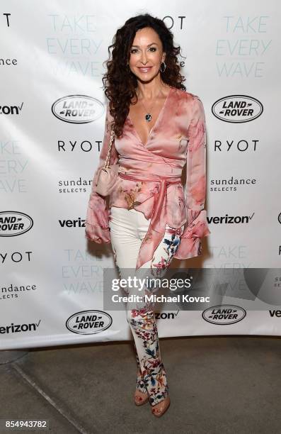 Actress Sofia Milos attends the Los Angeles premiere of 'Take Every Wave: The Life of Laird Hamilton,' sponsored by Land Rover, Verizon and RYOT on...