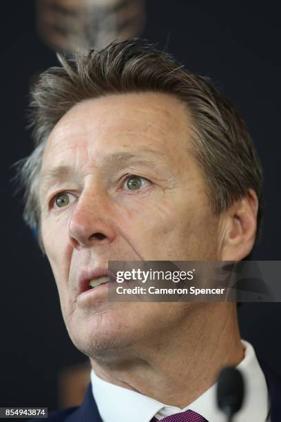 Melbourne Storm coach Craig Bellamy talks during the NRL Grand Final press conference at Luna Park on September 28, 2017 in Sydney, Australia.