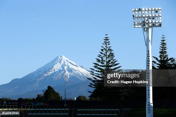 General view of Yarrow Stadium and Mount Taranaki prior to the round seven Mitre 10 Cup match between Taranaki and Tasman at Yarrow Stadium on...