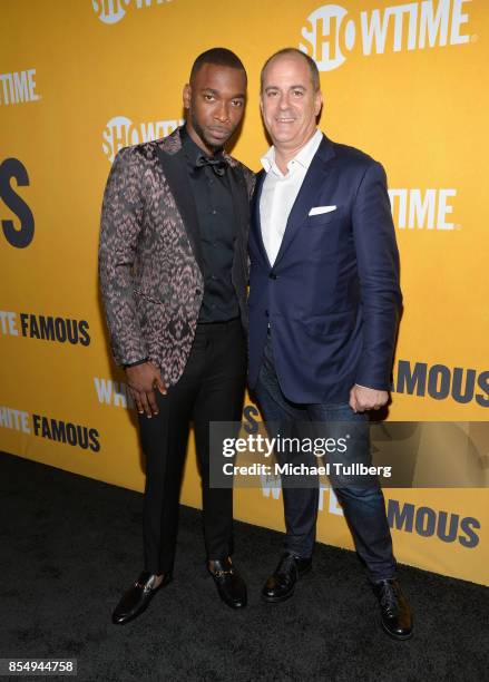 Actor Jay Pharoah and Showtime Networks President David Nevins attend the premiere of Showtime's "White Famous" at The Jeremy Hotel on September 27,...