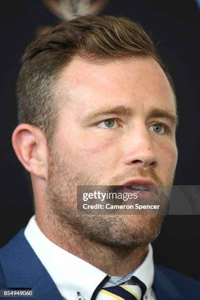 Cowboys captain Gavin Cooper talks during the NRL Grand Final press conference at Luna Park on September 28, 2017 in Sydney, Australia.