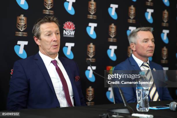 Melbourne Storm coach Craig Bellamy talks during the NRL Grand Final press conference at Luna Park on September 28, 2017 in Sydney, Australia.