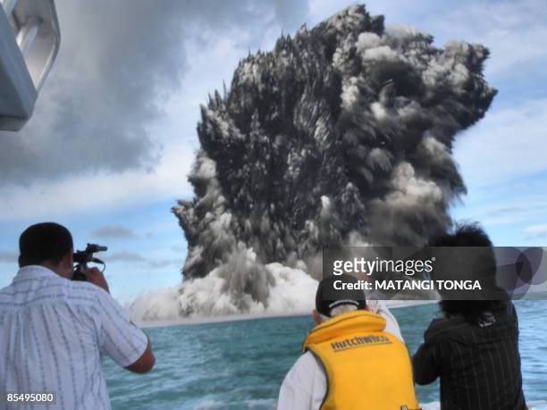Picture dated March 18, 2008 showing an undersea volcano eruption about 10 to 12 kilometres off the Tongatapu coast of Tonga sending plumes of steam...