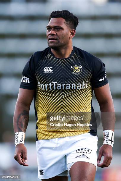 Seta Tamanivalu looks on prior to playing his 50th game for Taranaki during the round seven Mitre 10 Cup match between Taranaki and Tasman at Yarrow...