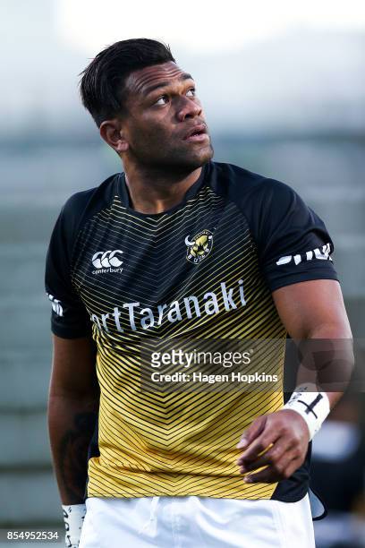 Seta Tamanivalu looks on prior to playing his 50th game for Taranaki during the round seven Mitre 10 Cup match between Taranaki and Tasman at Yarrow...