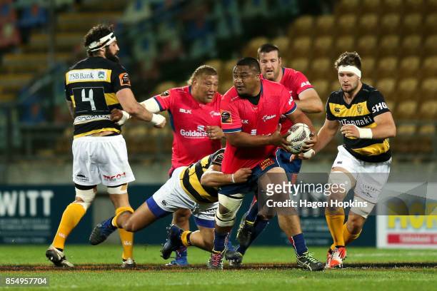 Andrew Makalio of Tasman is tackled during the round seven Mitre 10 Cup match between Taranaki and Tasman at Yarrow Stadium on September 28, 2017 in...