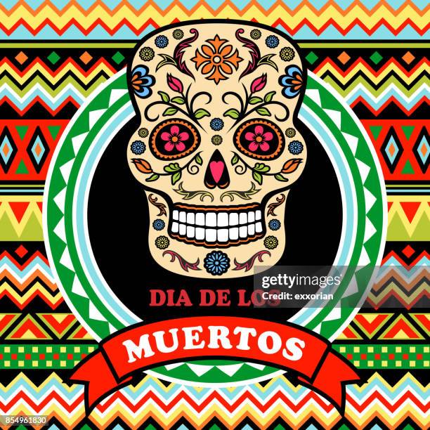 stockillustraties, clipart, cartoons en iconen met dag van de dode poster - mexican flower pattern