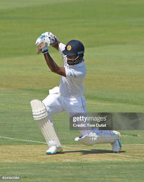 Dimuth Karunaratne of Sri Lanka bats during Day One of the First Test between Pakistan and Sri Lanka at Sheikh Zayed Stadium on September 28, 2017 in...