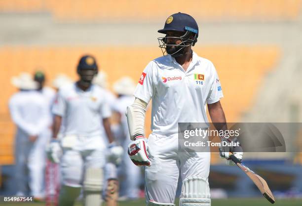 Lahiru Thirimanne of Sri Lanka looks dejected afrer being dismissed by Yasir Shah of Pakistan during Day One of the First Test between Pakistan and...