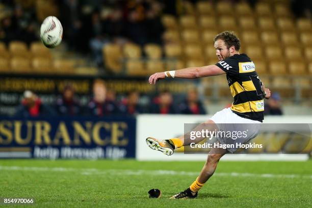 Marty McKenzie of Taranaki kicks during the round seven Mitre 10 Cup match between Taranaki and Tasman at Yarrow Stadium on September 28, 2017 in New...