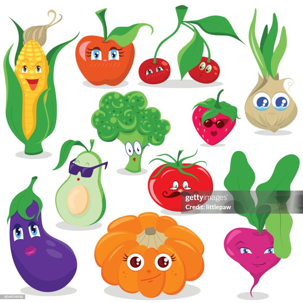 Divertidos Dibujos Animados Frutas Y Verduras Vector Set Ilustración de  stock - Getty Images