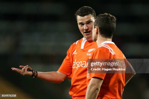 Referee Angus Maybe consults with assistant referee Paul Williams during the round seven Mitre 10 Cup match between Taranaki and Tasman at Yarrow...