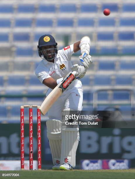 Kusal Mendis of Sri Lanka bats during Day One of the First Test between Pakistan and Sri Lanka at Sheikh Zayed Stadium on September 28, 2017 in Abu...