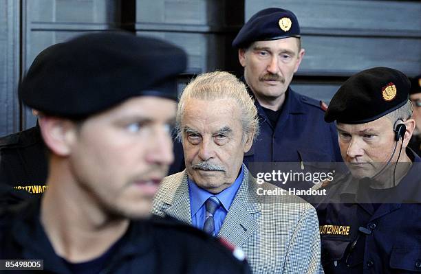 In this handout picture Josef Fritzl is seen during day four of his trial at the country court of St. Poelten on March 19, 2009 in St. Poelten,...