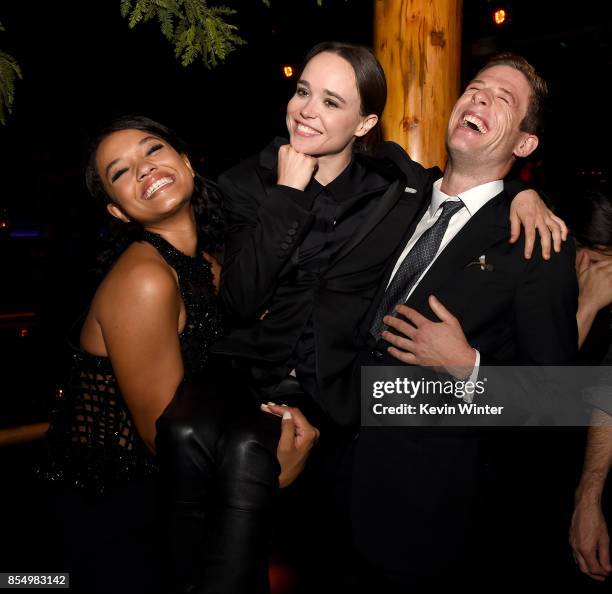 Actors Kiersey Clemons, Ellen Page and James Norton pose at the after party for the premiere of Columbia Pictures' "Flatliners" at Clifton's...
