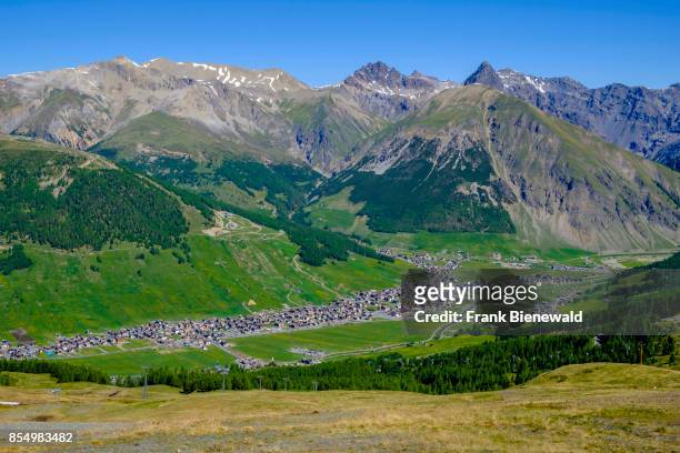 Aerial view on Livigno town with the Engadine Mountains in the distance.