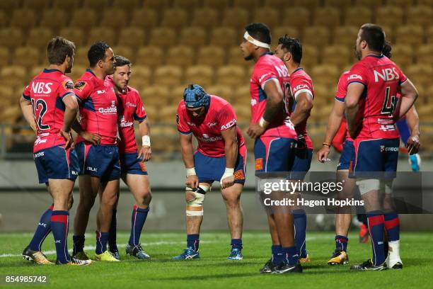 Tasman players look dejected after a Taranaki try during the round seven Mitre 10 Cup match between Taranaki and Tasman at Yarrow Stadium on...