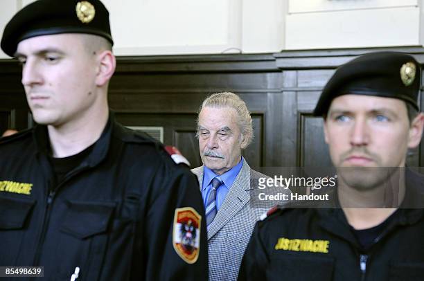 In this handout picture Josef Fritzl is seen during day four of his trial at the country court of St. Poelten on March 19, 2009 in St. Poelten,...