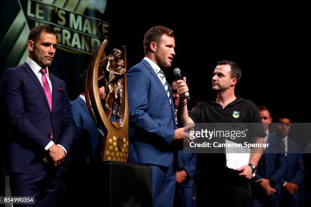 North Queensland Cowboys captain Gavin Cooper is interviewed during the NRL Fan Day at Luna Park on September 28, 2017 in Sydney, Australia.