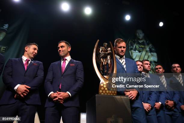 Billy Slater of the Storm talks to captain Cameron Smith during the NRL Fan Day at Luna Park on September 28, 2017 in Sydney, Australia.