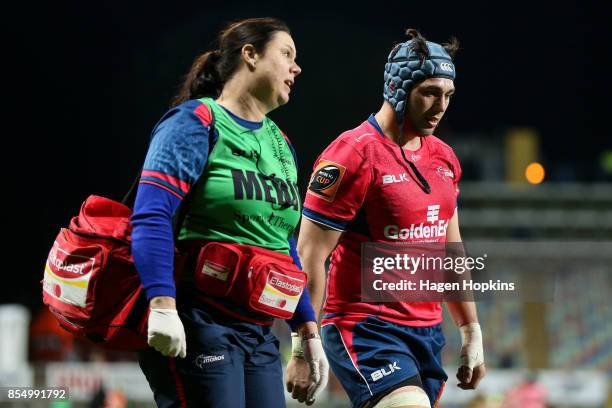 Vernon Fredericks of Tasman leaves the field with an injury during the round seven Mitre 10 Cup match between Taranaki and Tasman at Yarrow Stadium...