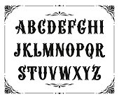 Handcrafted letters with Victorian decor. Vector font type design. Stylized logo text typesetting