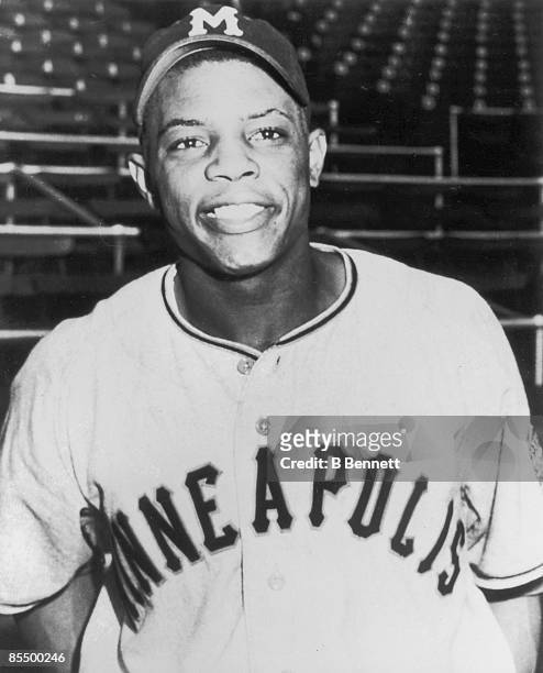 Promotional portrait of American baseball player Willie Mays of the Minneapolis Millers minor league team, 1951.