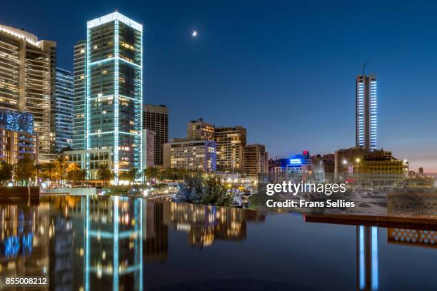 a general view of zaitunay bay and the new waterfront at night, beirut, lebanon - ベイルート ストックフォトと画像