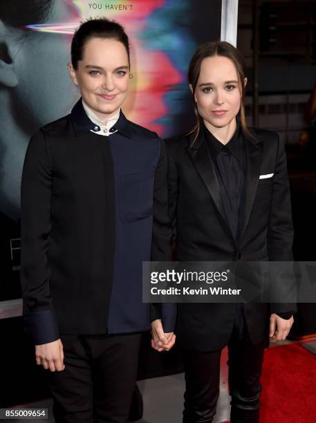 Emma Portner and actress Ellen Page arrive at the premiere of Columbia Pictures' "Flatliners" at the Ace Theatre on September 27, 2017 in Los...