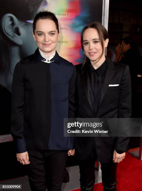 Emma Portner and actress Ellen Page arrive at the premiere of Columbia Pictures' "Flatliners" at the Ace Theatre on September 27, 2017 in Los...