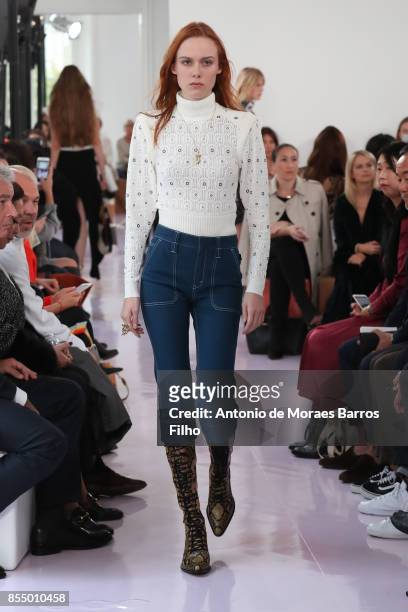 Model walks the runway during the Chloe show as part of the Paris Fashion Week Womenswear Spring/Summer 2018 on September 28, 2017 in Paris, France.
