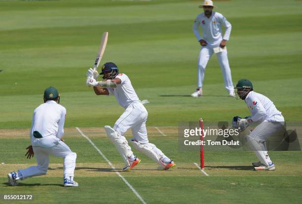 Dinesh Chandimal of Sri Lanka bats during Day One of the First Test between Pakistan and Sri Lanka at Sheikh Zayed Stadium on September 28, 2017 in...
