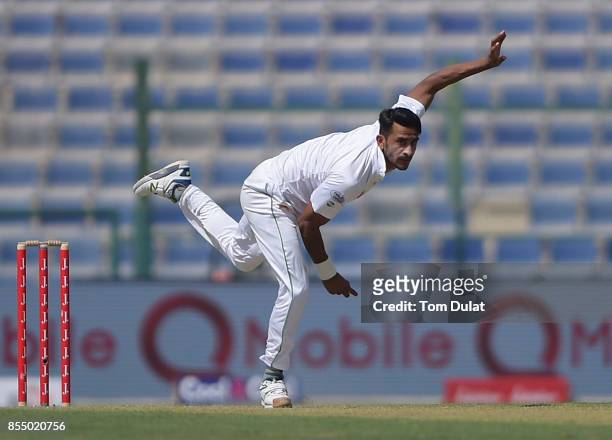 Hasan Ali of Pakistan bowls during Day One of the First Test between Pakistan and Sri Lanka at Sheikh Zayed Stadium on September 28, 2017 in Abu...