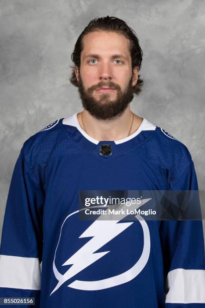 Nikita Kucherov of the Tampa Bay Lightning poses for his official headshot for the 2017-2018 season on September 14, 2017 at Amalie Arena in Tampa,...