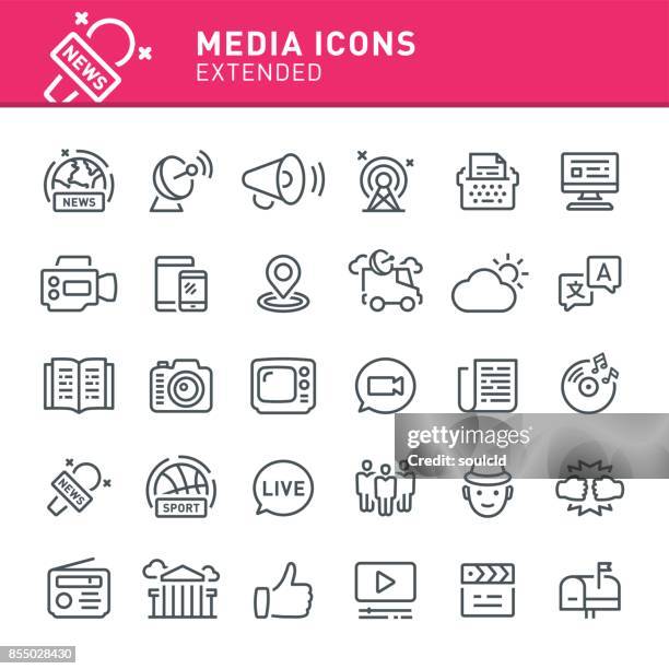 ilustraciones, imágenes clip art, dibujos animados e iconos de stock de iconos de los medios de comunicación  - acontecimientos en las noticias