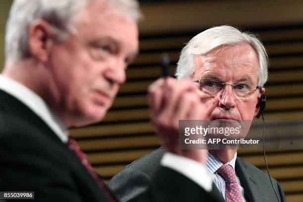 British Secretary of State for Exiting the European Union David Davis and European Union Chief Negotiator in charge of Brexit negotiations with...