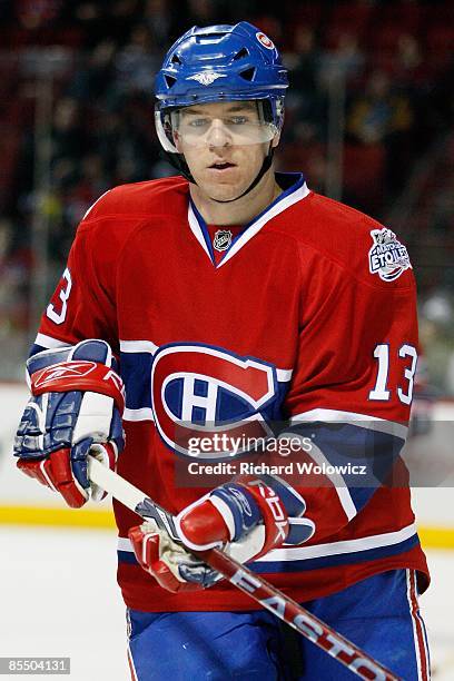 Alex Tanguay of the Montreal Canadiens skates during the warm up period prior to facing the Edmonton Oilers at the Bell Centre on March 10, 2009 in...