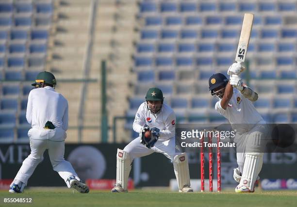 Dinesh Chandimal of Sri Lanka bats during Day One of the First Test between Pakistan and Sri Lanka at Sheikh Zayed Stadium on September 28, 2017 in...