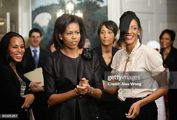 First lady Michelle Obama arrives to speaks to women leaders as actress Kerry Washington , actress Sarah Jones , and White House Social Secretary...