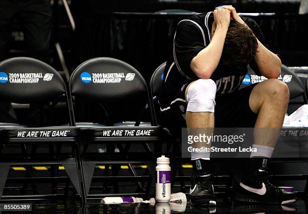 Matt Howard of the Butler Bulldogs sits dejected on the bench after their 75-71 loss to the Louisiana State University Tigers during the first round...