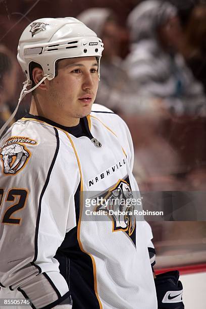Jordin Tootoo of the Nashville Predators skates on the ice during warmups against the Anaheim Ducks during the game on March 18, 2009 at Honda Center...